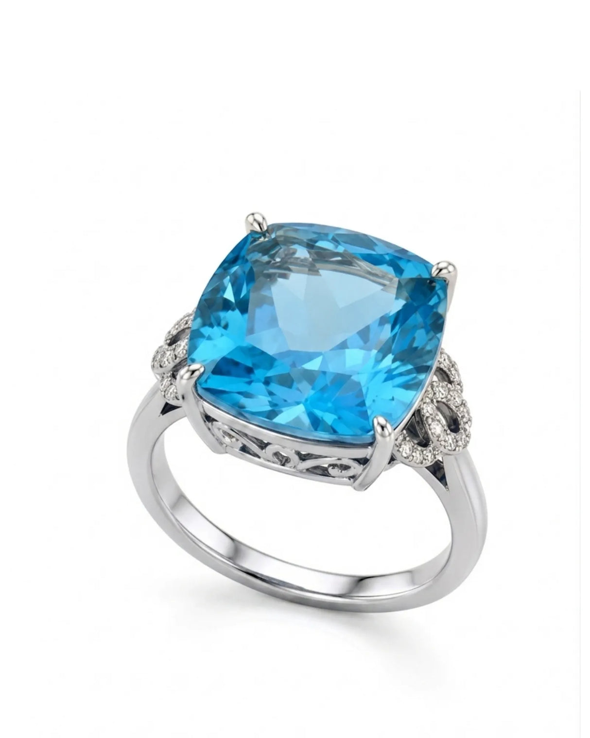 Swiss Blue cushion topaz and diamond statement ring with openwork shoulders in 18K white gold | SARATTI