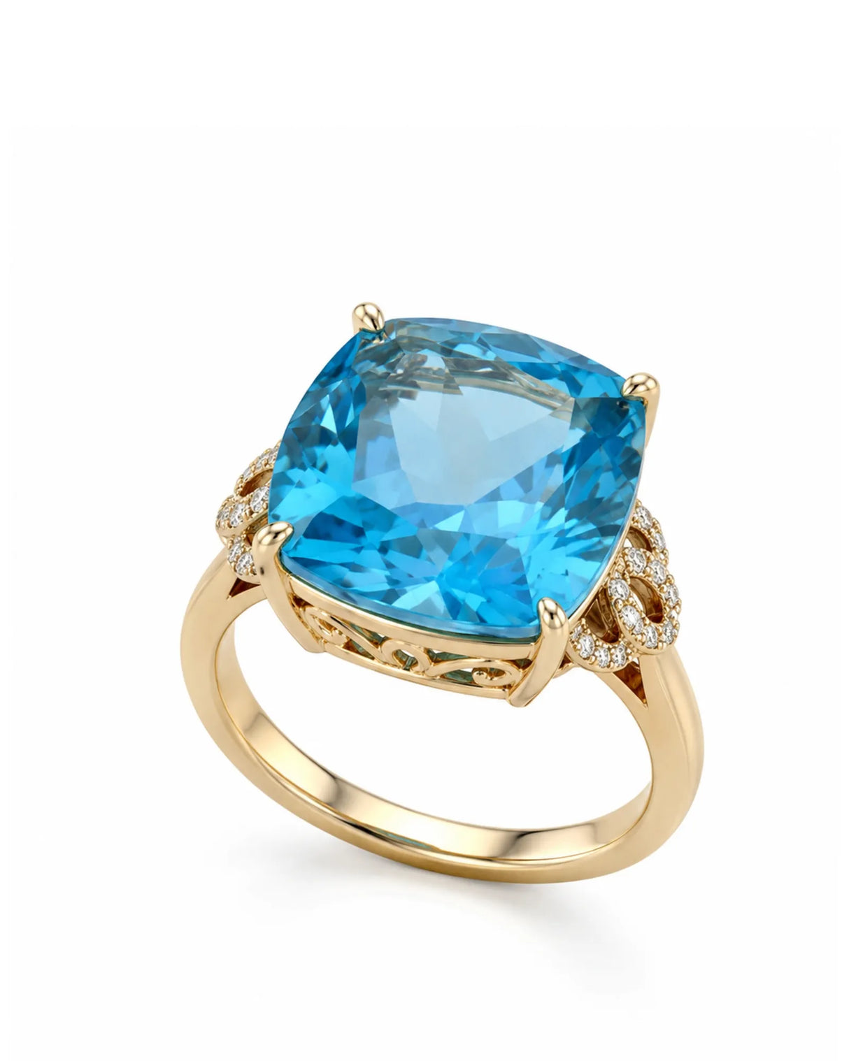 Swiss Blue cushion topaz and diamond statement ring with openwork shoulders in 18K yellow gold | SARATTI
