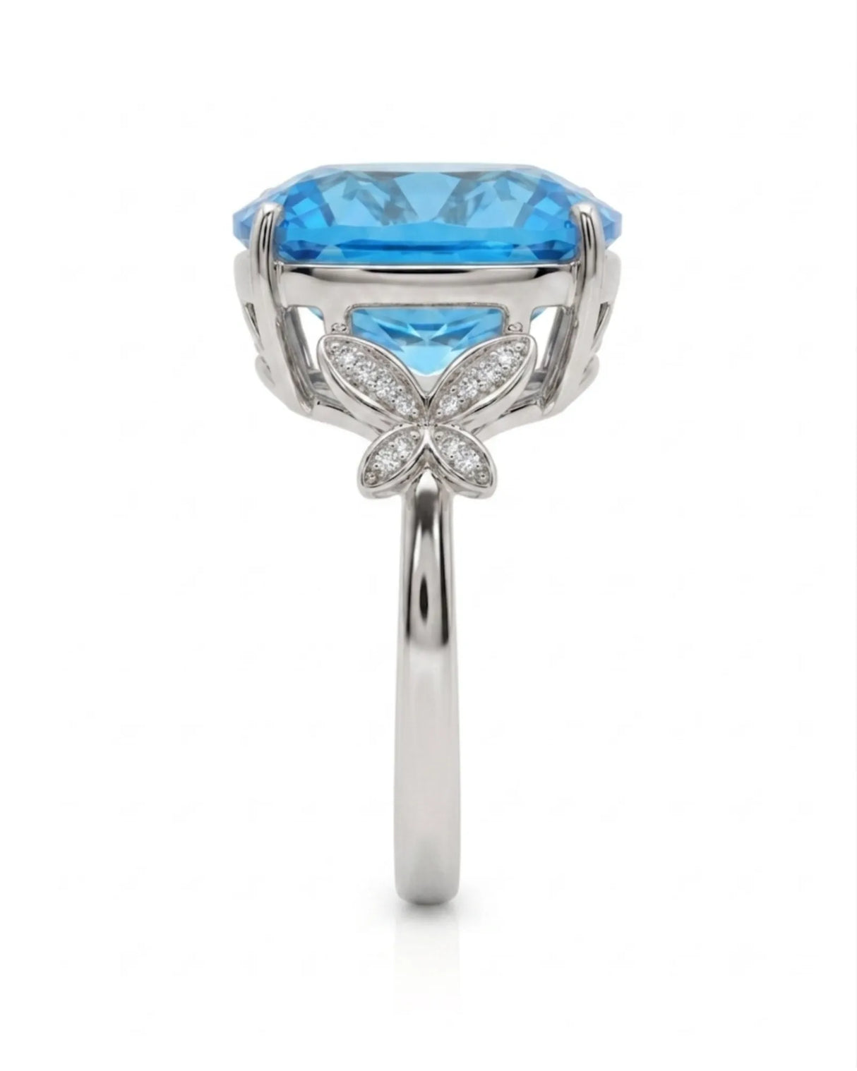 Swiss Blue cushion topaz ring with vivid color and round diamonds in 18K white gold - SARATTI