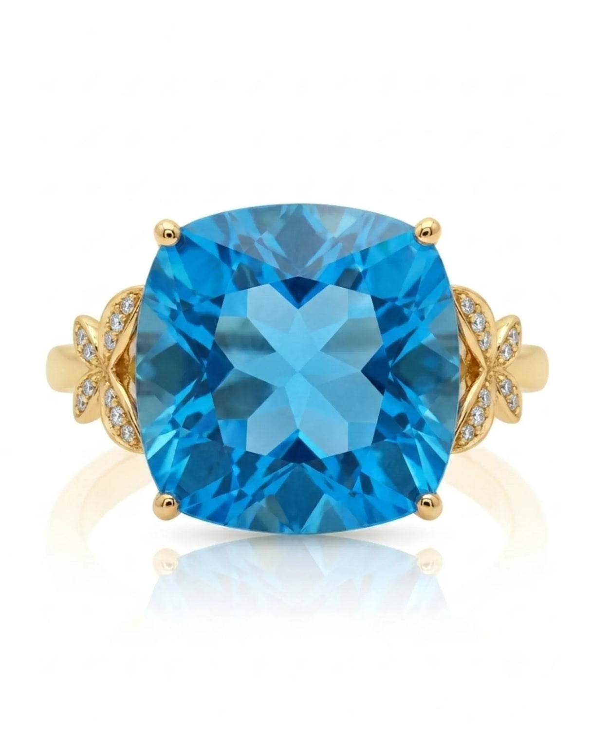 Swiss Blue cushion topaz ring with vivid color and round diamonds in 18K yellow gold - SARATTI