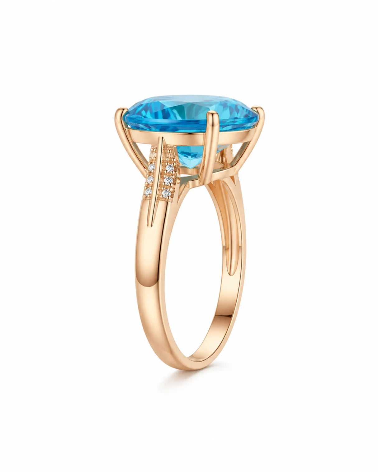 Swiss Blue topaz anniversary ring with pavé diamonds and sculpted shoulders in 18K rose gold | SARATTI