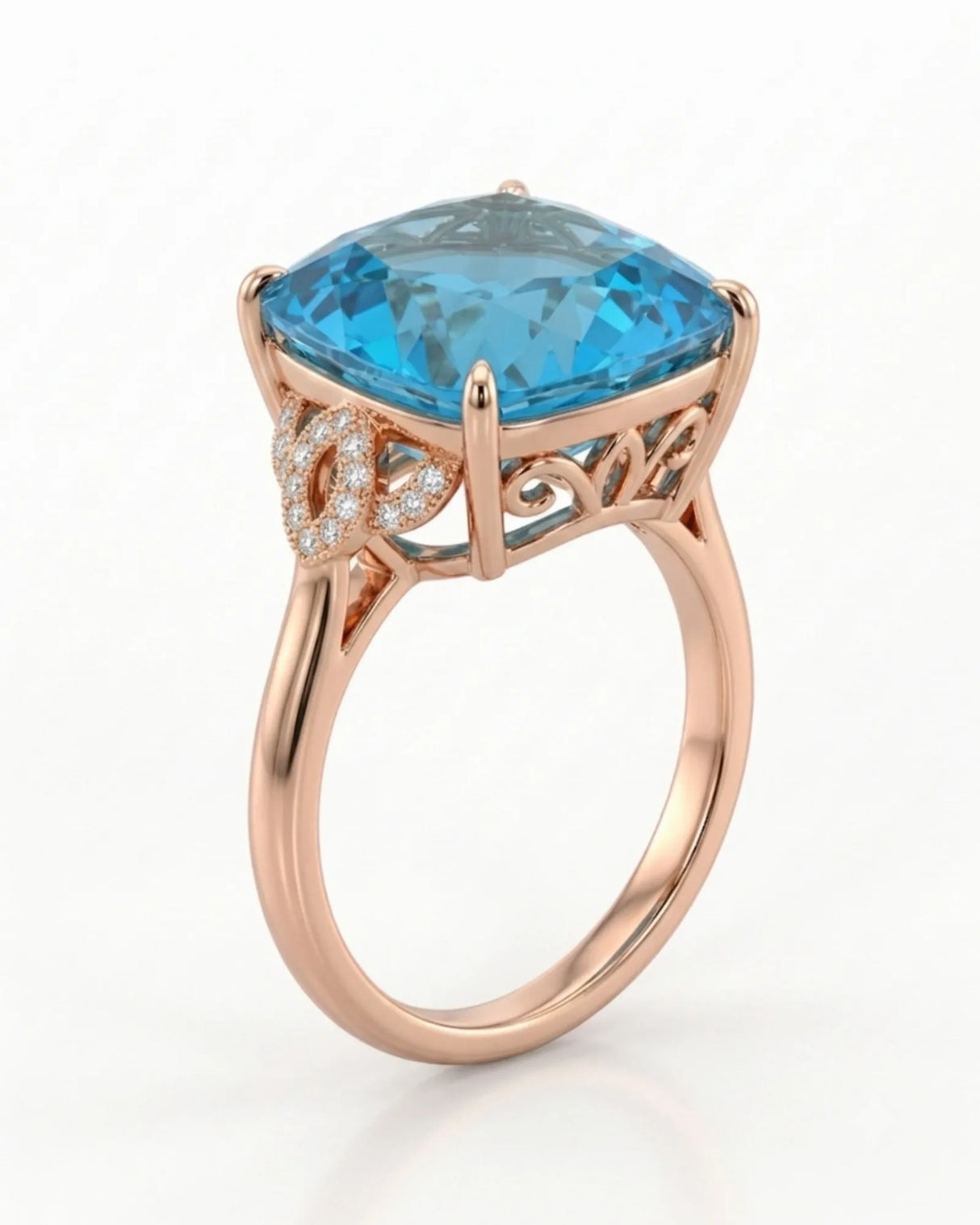 Swiss Blue topaz engagement ring with romantic diamond scrollwork in 18K rose gold | SARATTI