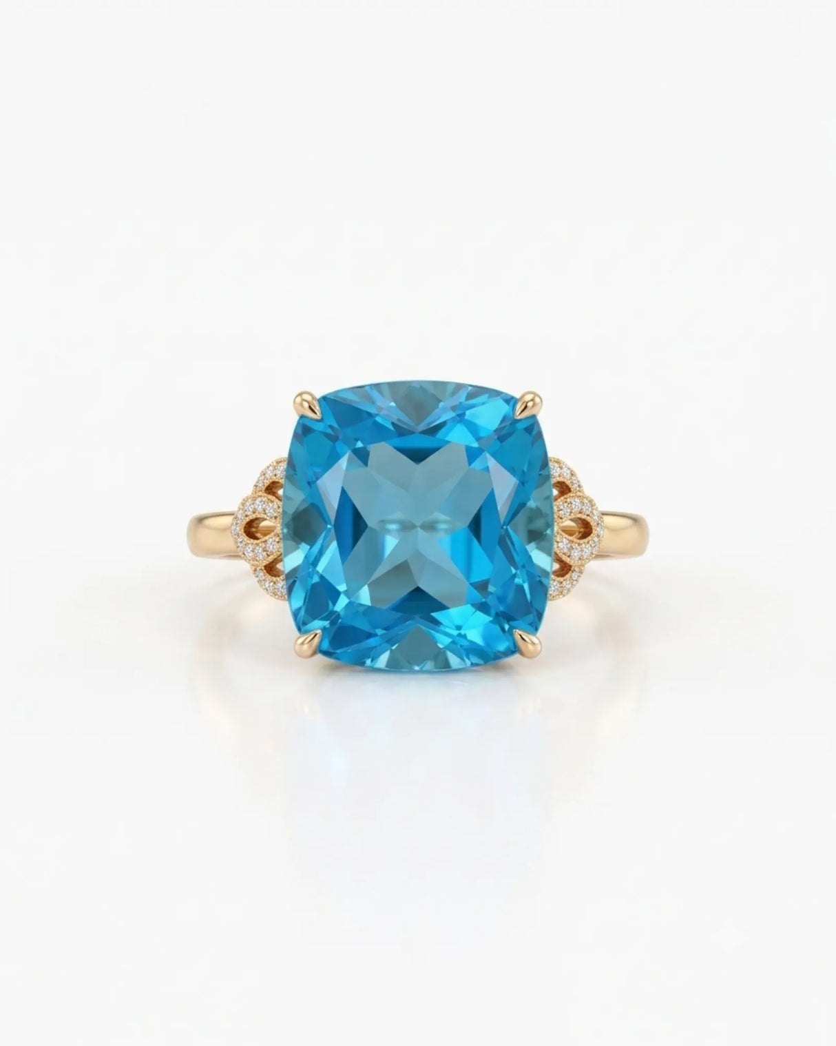 Swiss Blue topaz engagement ring with romantic diamond scrollwork in 18K yellow gold | SARATTI