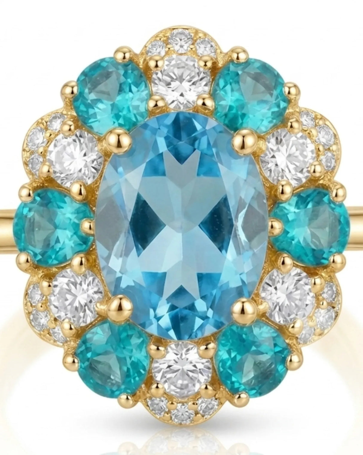 Swiss Blue topaz engagement ring with romantic floral halo in 18K yellow gold | SARATTI