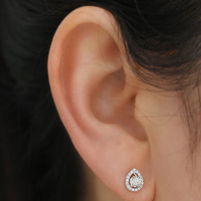 Rose Gold Pear Shaped Dainty Hollow Diamond Halo Earrings on Model  | Saratti | Custom High and Fine Jewelry 