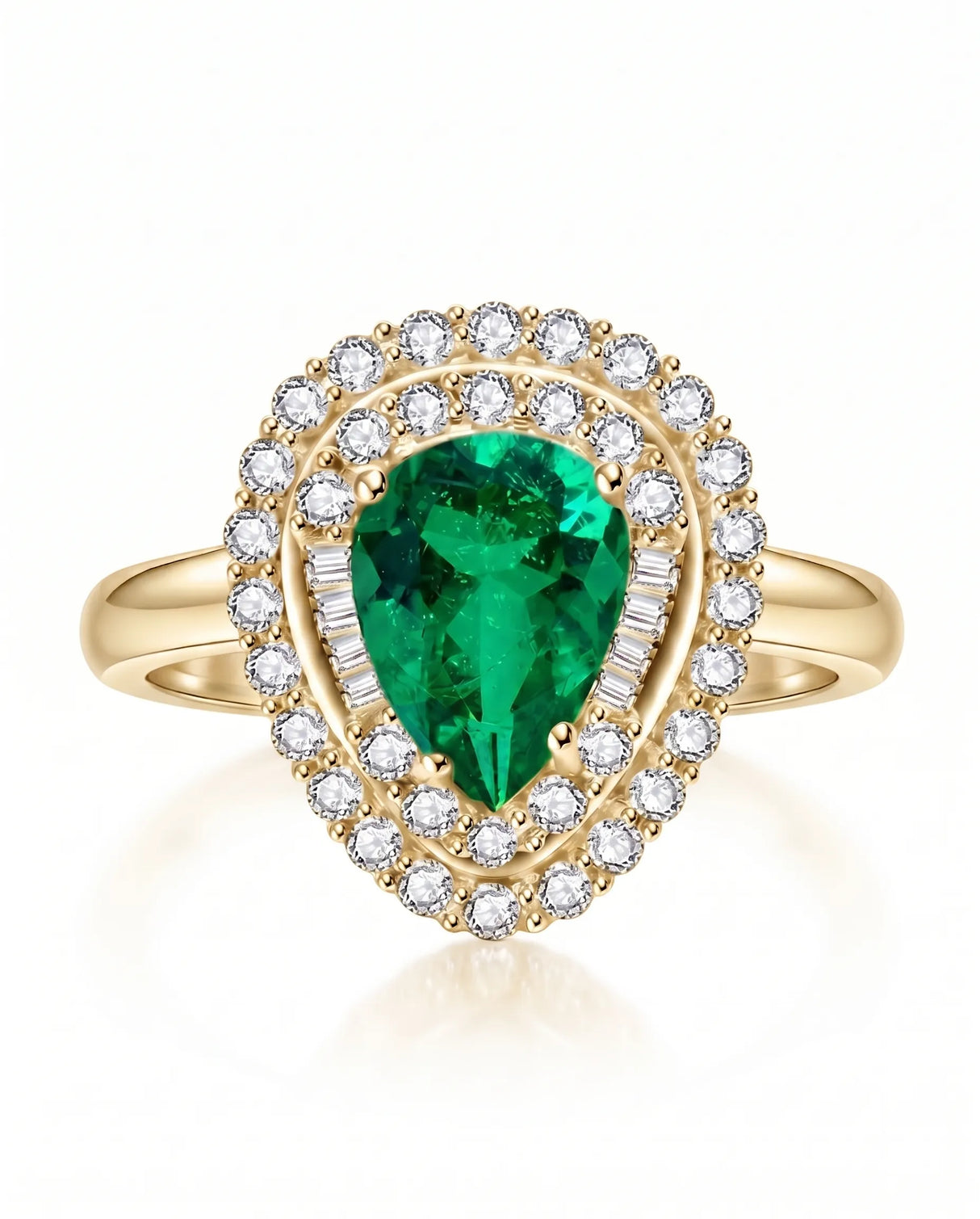 Teardrop emerald ring with diamonds in 18K yellow gold | SARATTI
