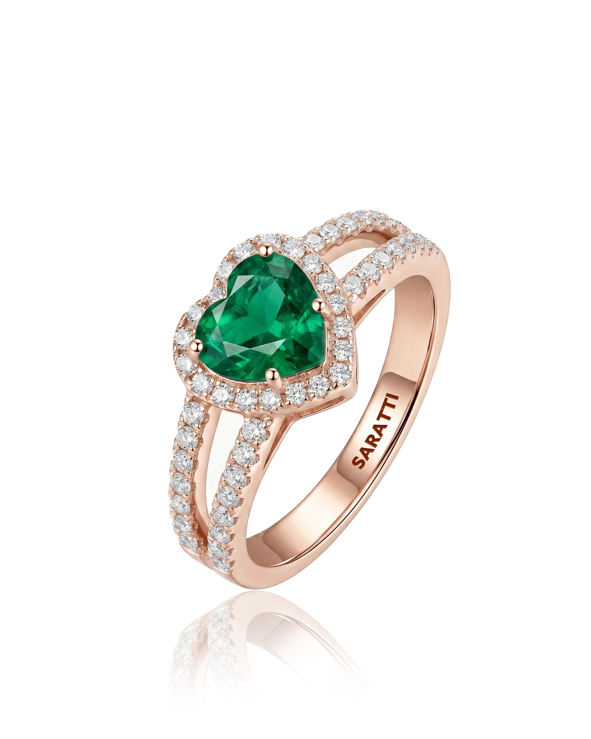 Teardrop emerald split shank ring in 18K rose gold | SARATTI
