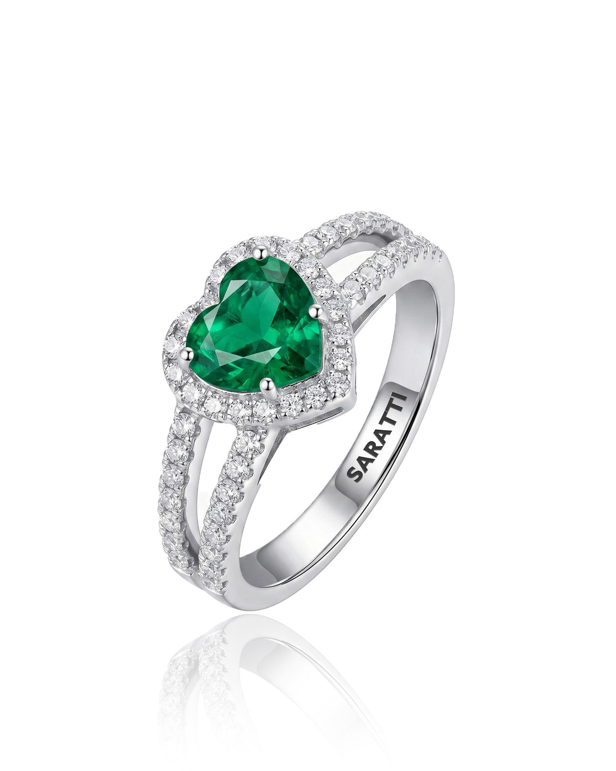 Teardrop emerald split shank ring in 18K white gold | SARATTI
