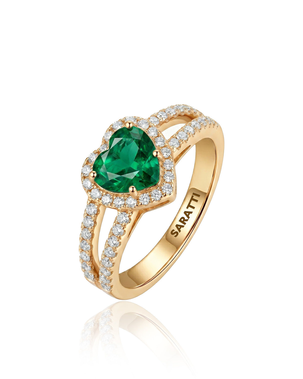 Teardrop emerald split shank ring in 18K yellow gold | SARATTI
