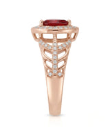 Teardrop ruby ring with pavé diamond openwork design in 18K rose gold | SARATTI