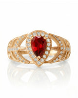 Teardrop ruby ring with pavé diamond openwork design in 18K yellow gold | SARATTI