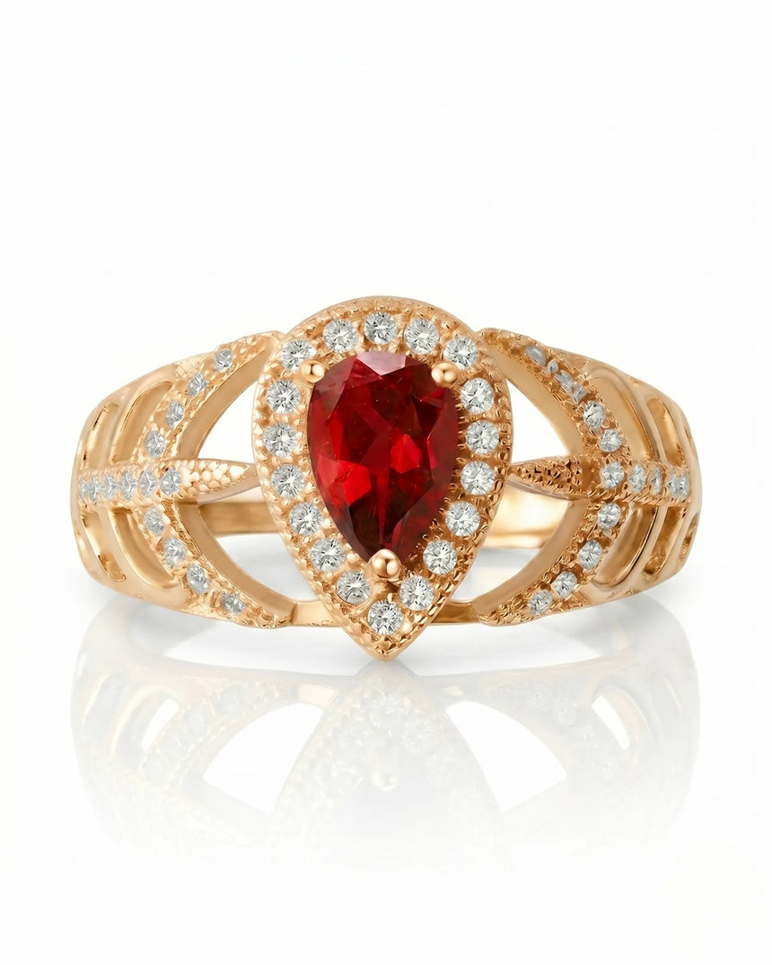 Teardrop ruby ring with pavé diamond openwork design in 18K yellow gold | SARATTI