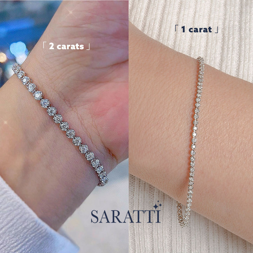 1 carat vs 2 carats Diamond Tennis Bracelet on hand or Model in 18K White Gold | Saratti 