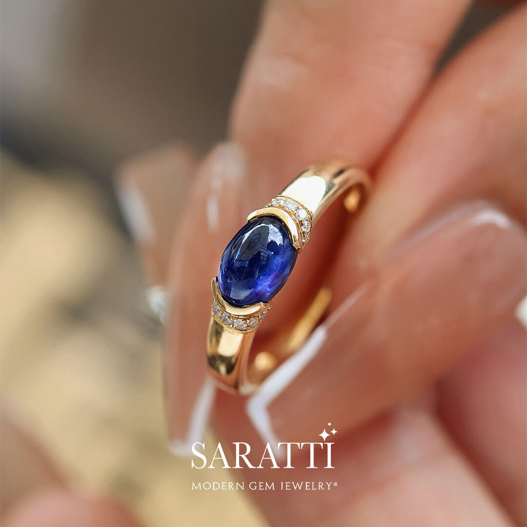 Tension Set Royal Blue Oval Sapphire Gold Ring | Modern Gem Jewelry | Saratti 