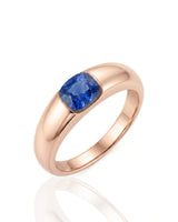Tension set blue sapphire ring with cushion cut solitaire design in 18K rose gold | SARATTI