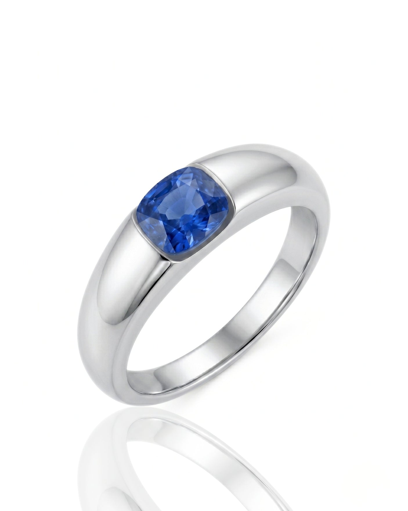 Tension set blue sapphire ring with cushion cut solitaire design in 18K white gold | SARATTI