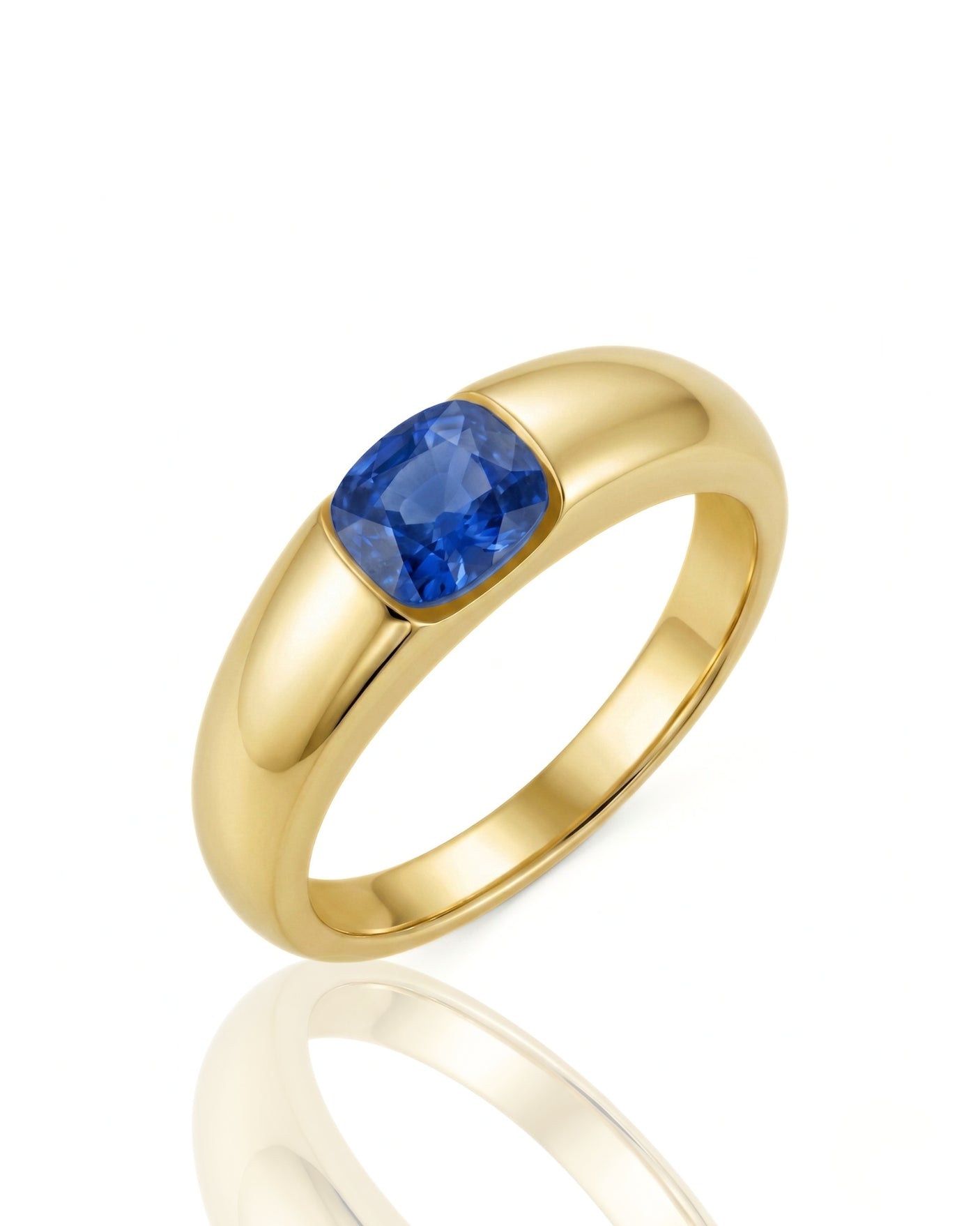 Tension set blue sapphire ring with cushion cut solitaire design in 18K yellow gold | SARATTI