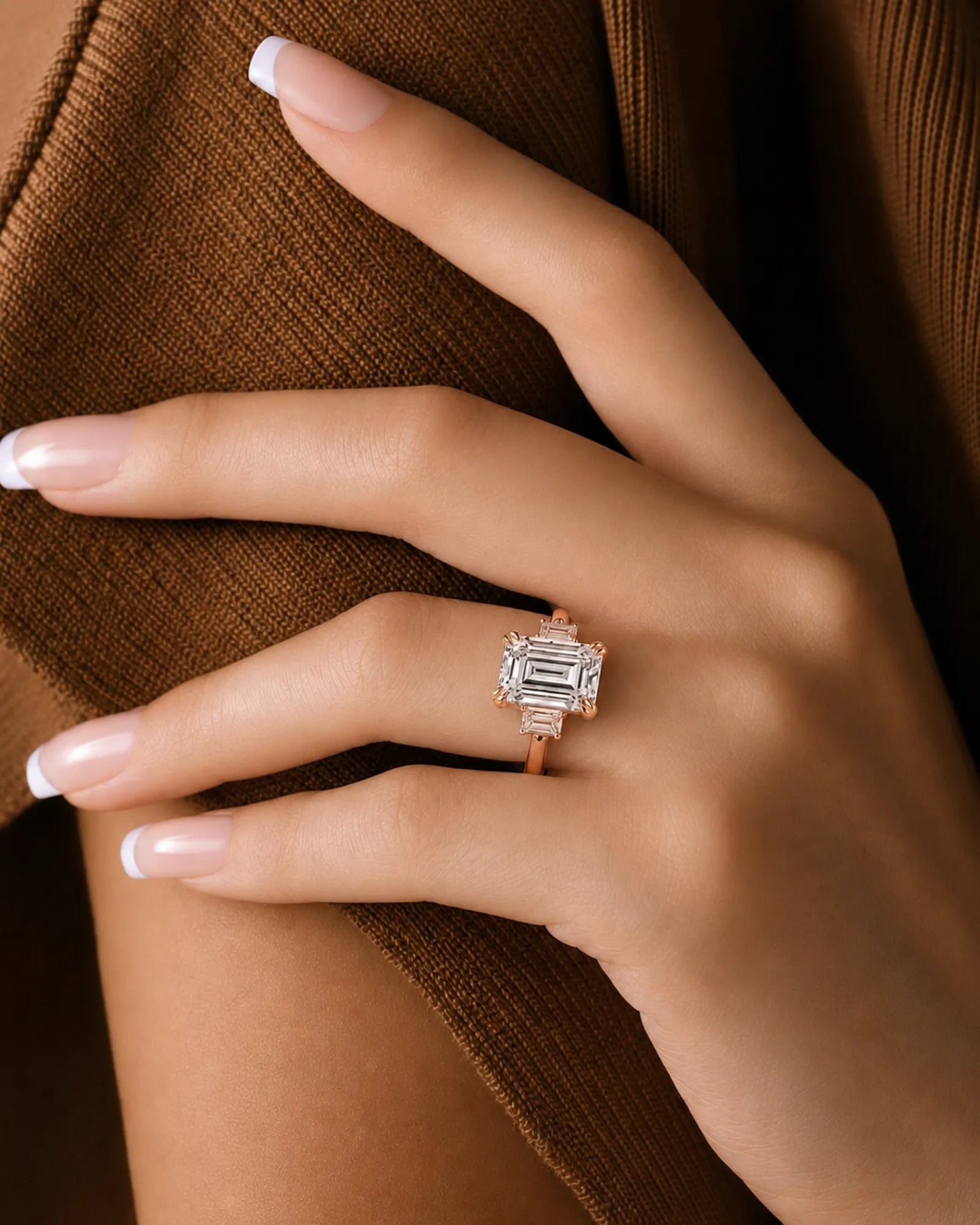 Three-stone diamond engagement ring in 18K rose gold for a distinctive modern proposal | SARATTI