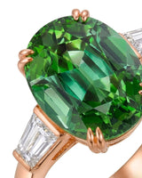 Three-stone green tourmaline ring with geometric diamond accents and rose gold setting | SARATTI