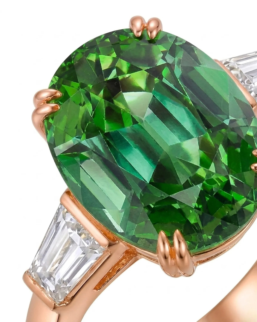 Three-stone green tourmaline ring with geometric diamond accents and rose gold setting | SARATTI