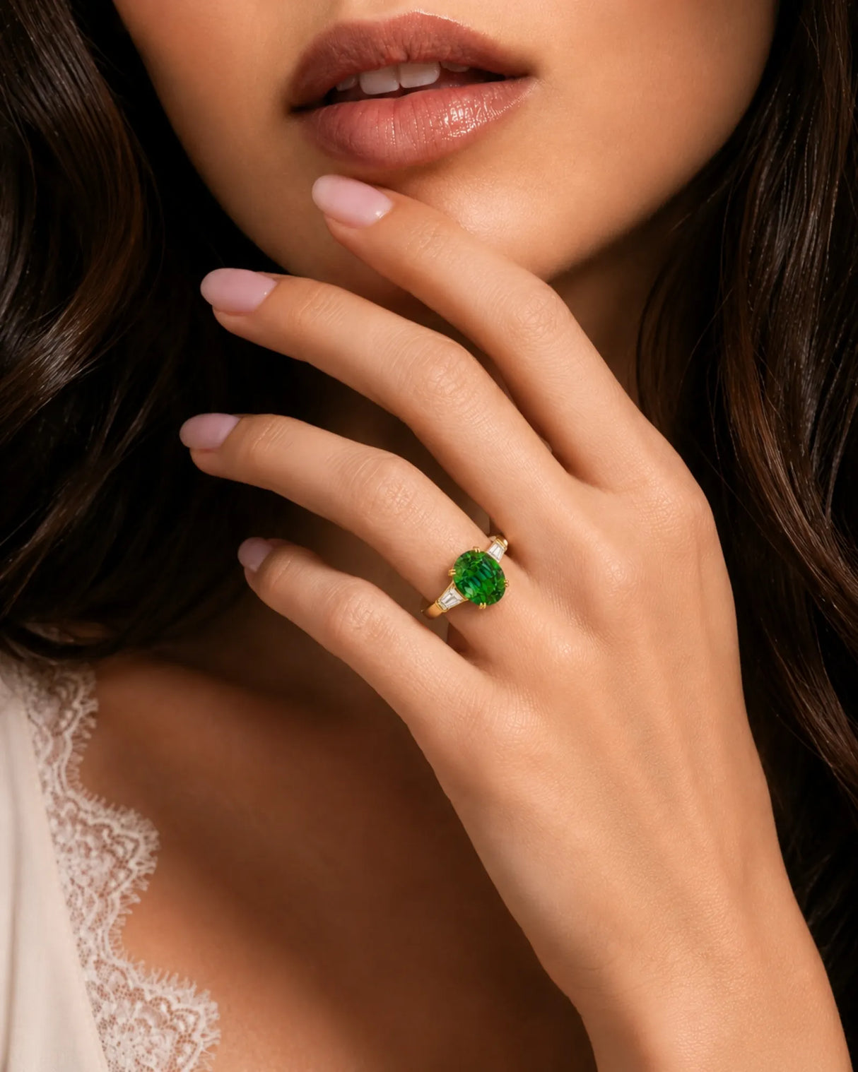 Three-stone green tourmaline ring with geometric diamond accents and yellow gold setting | SARATTI