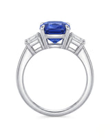 Three-stone sapphire ring with step-cut diamonds and architectural platinum setting | SARATTI