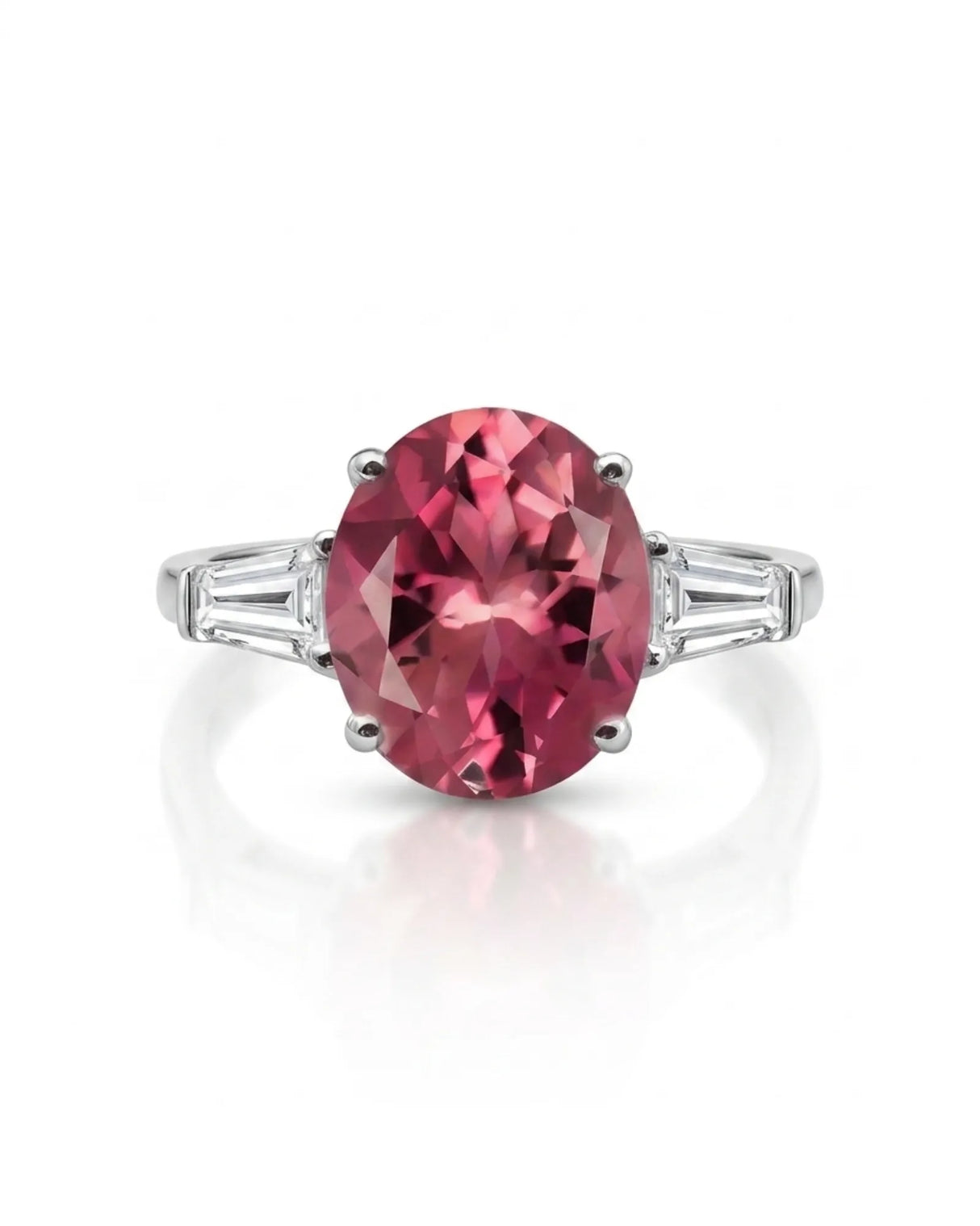 Three-stone tourmaline ring with pink oval gemstone and refined platinum diamond accents | SARATTI