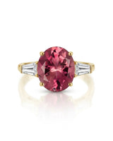 Three-stone tourmaline ring with pink oval gemstone and yellow gold diamond accents | SARATTI