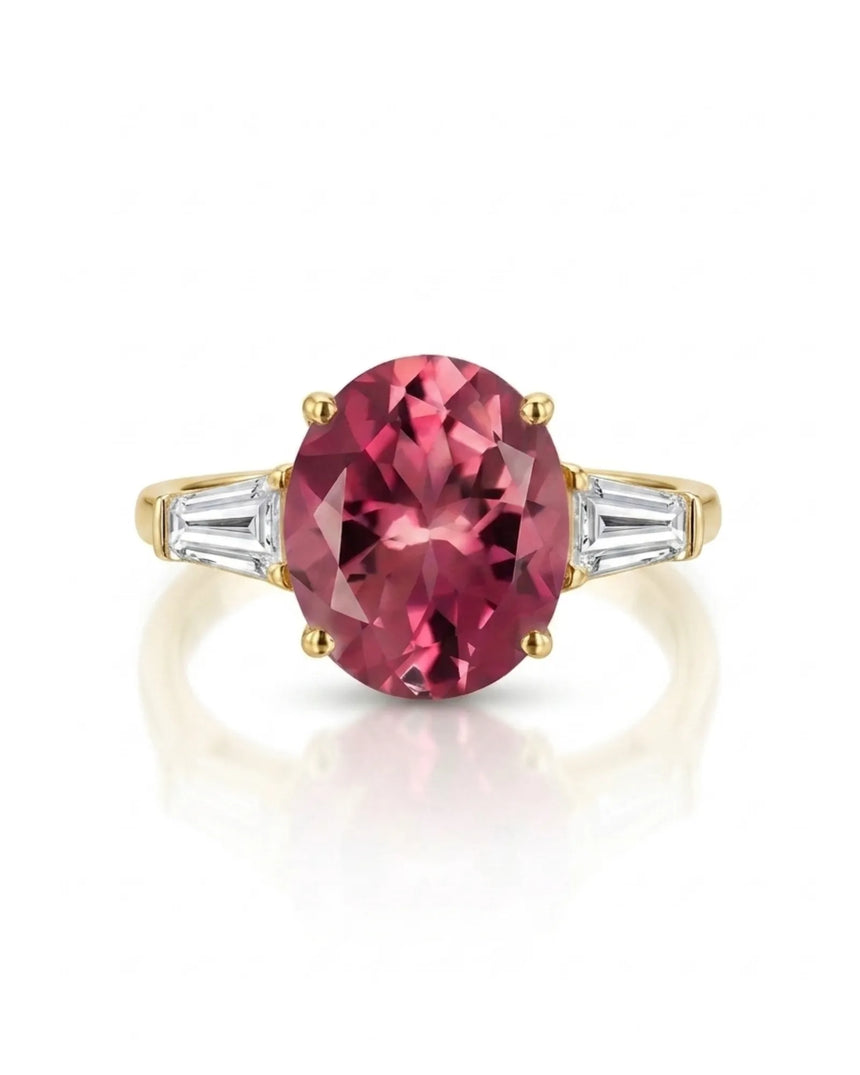 Three-stone tourmaline ring with pink oval gemstone and yellow gold diamond accents | SARATTI
