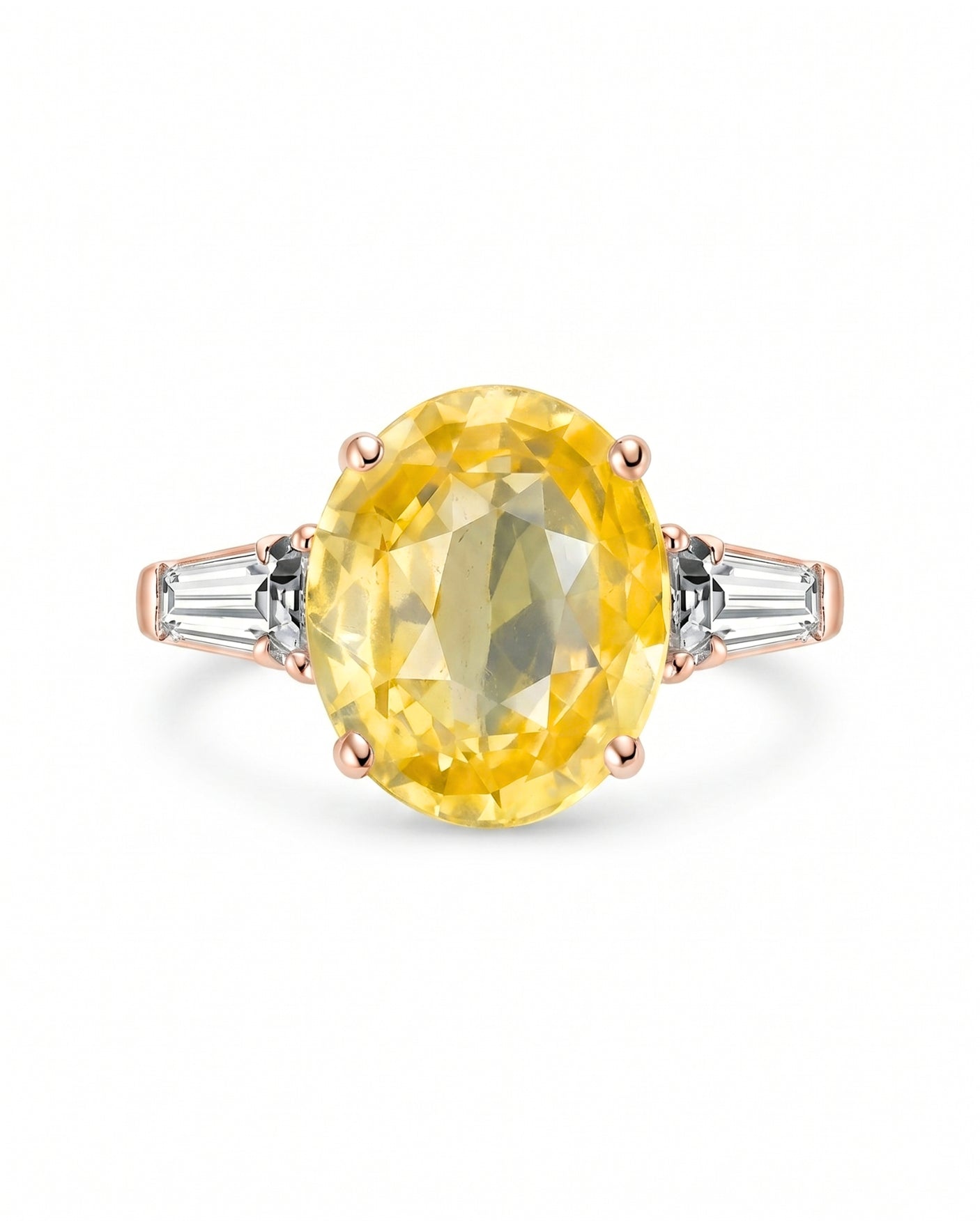 Three-stone yellow sapphire ring with tapered diamond side stones in 18K rose gold | SARATTI