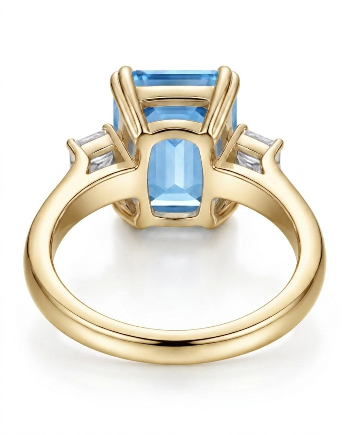 Trilune emerald-cut Aquamarine diamond three-stone ring setting in yellow gold, front view | SARATTI