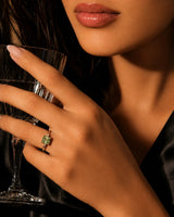 Three stone green tourmaline engagement ring with diamonds in 18K rose gold | SARATTI
