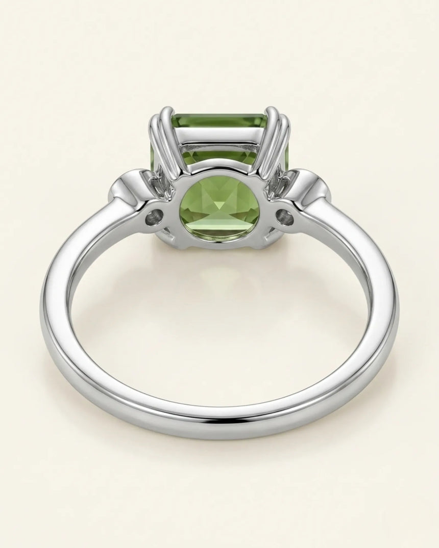 Three stone green tourmaline engagement ring with diamonds in 18K white gold | SARATTI