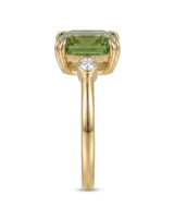 Three stone green tourmaline engagement ring with diamonds in 18K yellow gold | SARATTI