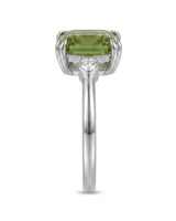 Three stone green tourmaline engagement ring with diamonds in premium platinum | SARATTI