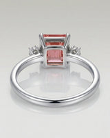 Three stone pink tourmaline engagement ring with diamonds in 18K white gold | SARATTI