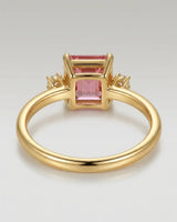 Three stone pink tourmaline engagement ring with diamonds in 18K yellow gold | SARATTI