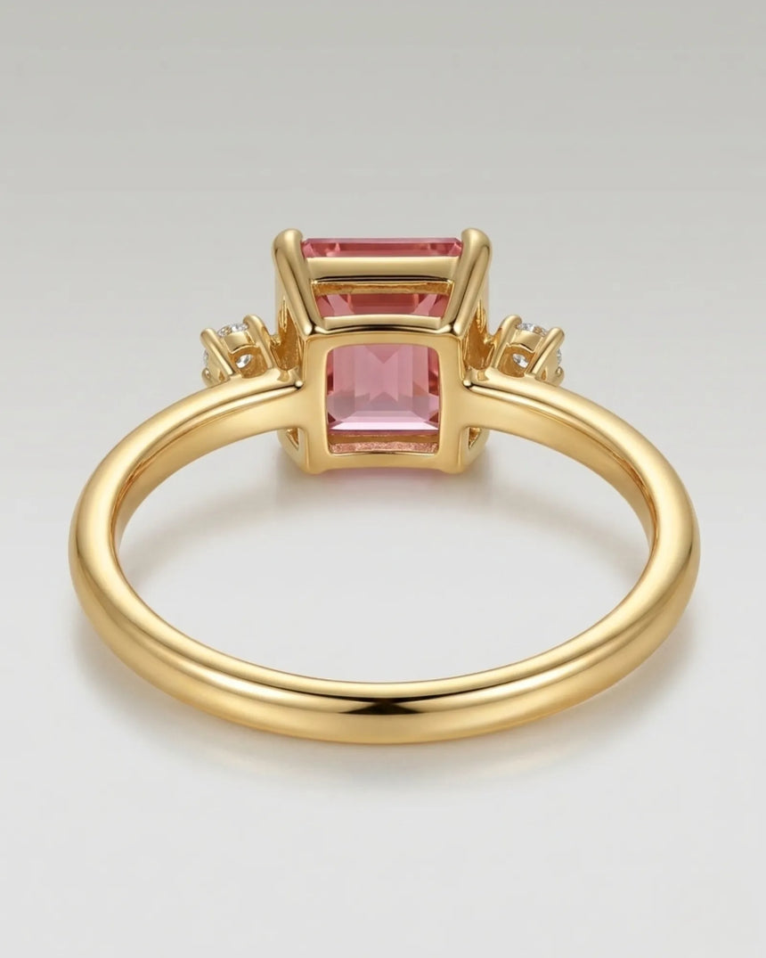Three stone pink tourmaline engagement ring with diamonds in 18K yellow gold | SARATTI
