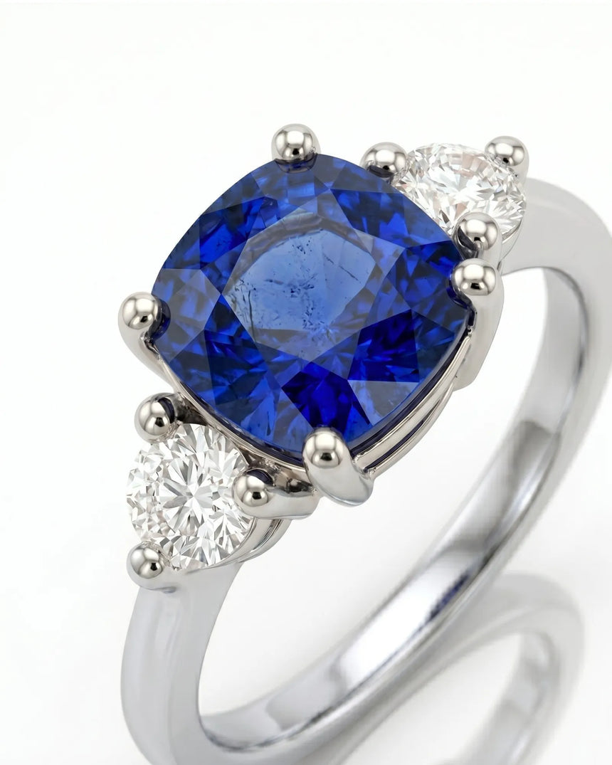 Three stone sapphire ring with round diamond accents in polished platinum | SARATTI