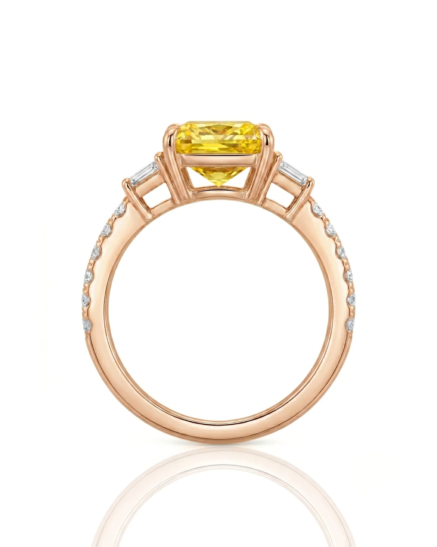 Three stone yellow sapphire ring with architectural diamond accents in 18K rose gold | SARATTI