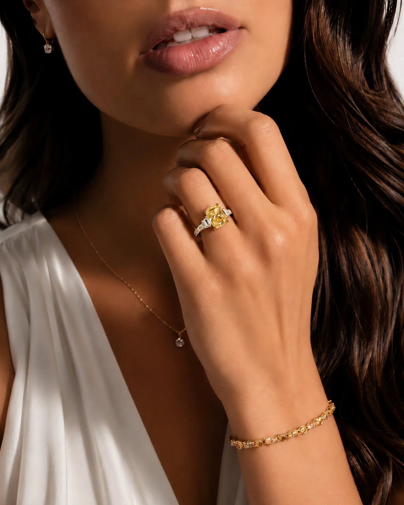 Three stone yellow sapphire ring with architectural diamond accents in 18K white gold | SARATTI