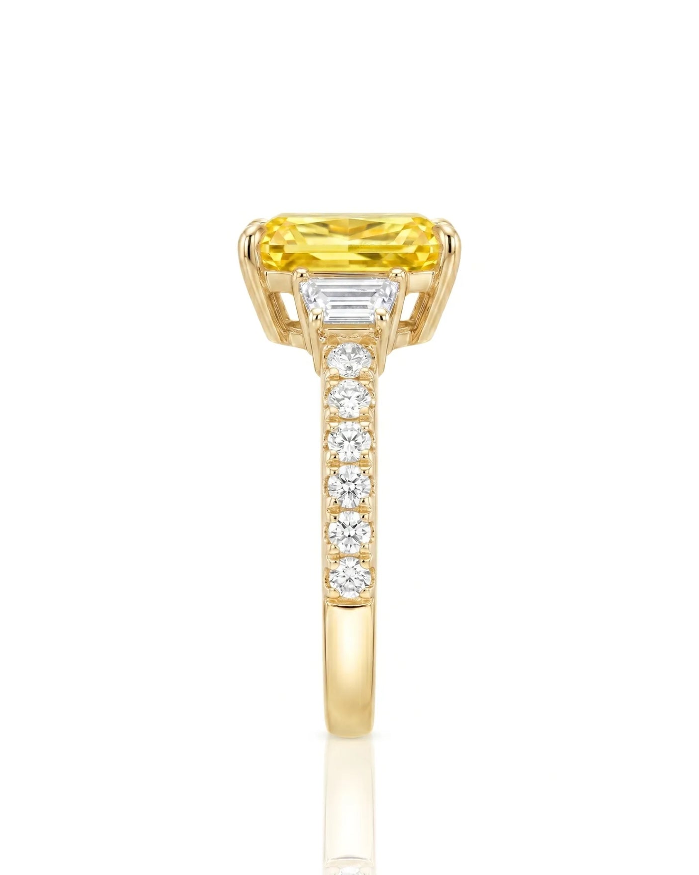 Three stone yellow sapphire ring with architectural diamond accents in 18K yellow gold | SARATTI