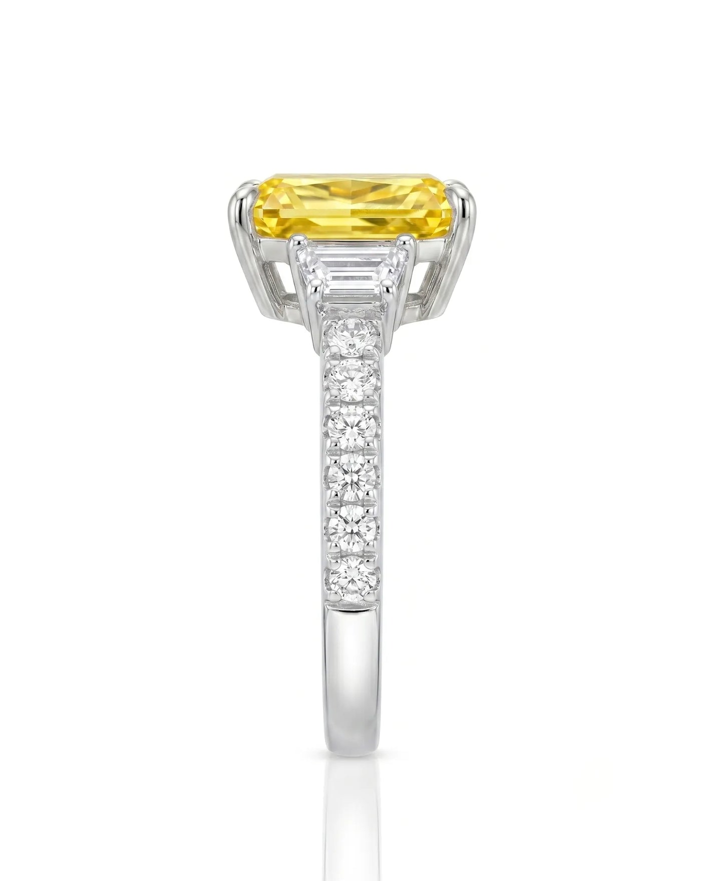 Three stone yellow sapphire ring with architectural diamond accents in platinum | SARATTI