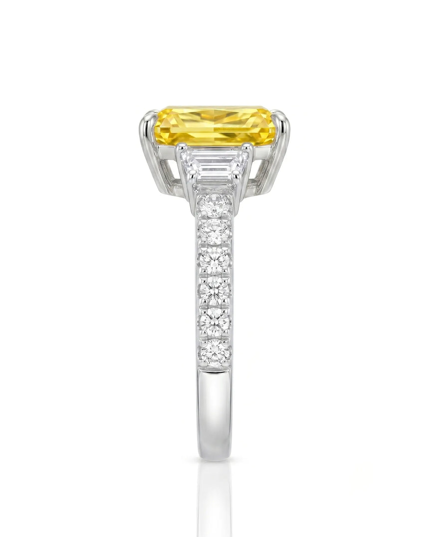 Three stone yellow sapphire ring with architectural diamond accents in platinum | SARATTI