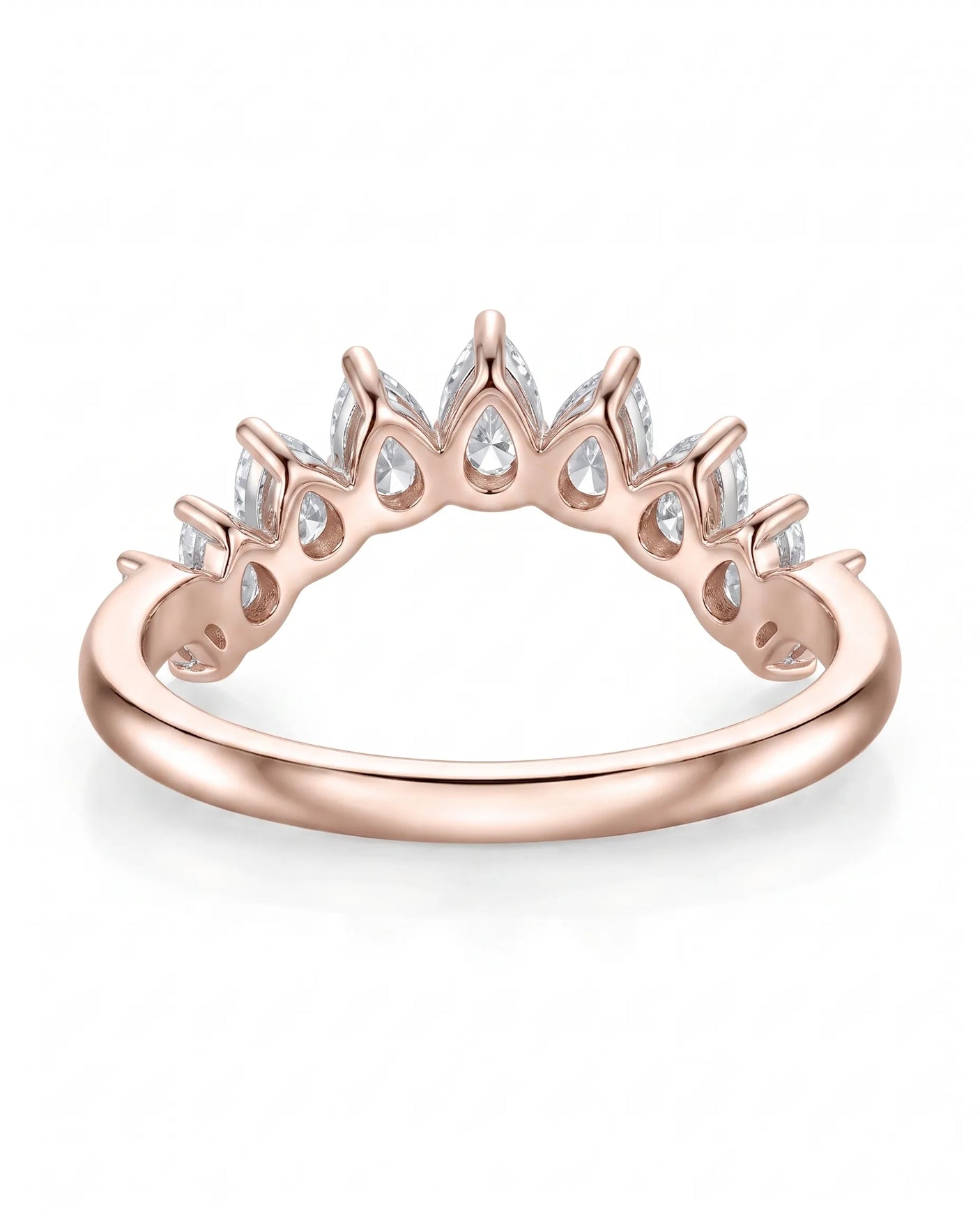 Tiara-inspired curved wedding band with pear-shaped diamonds in polished 18K rose gold, half-eternity design | SARATTI