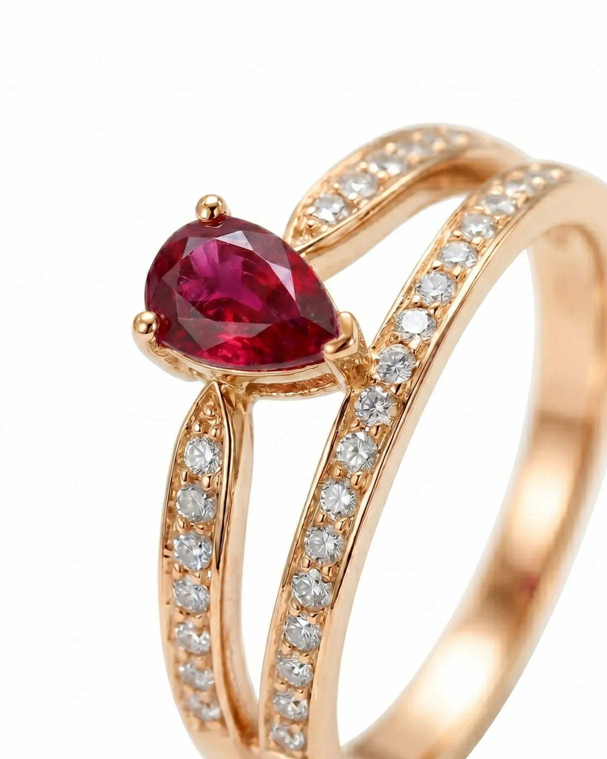 Tiara inspired ruby ring with sparkling diamond split shank in rose gold | SARATTI
