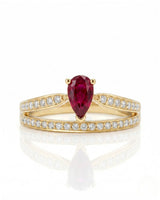 Tiara inspired ruby ring with sparkling diamond split shank in yellow gold | SARATTI