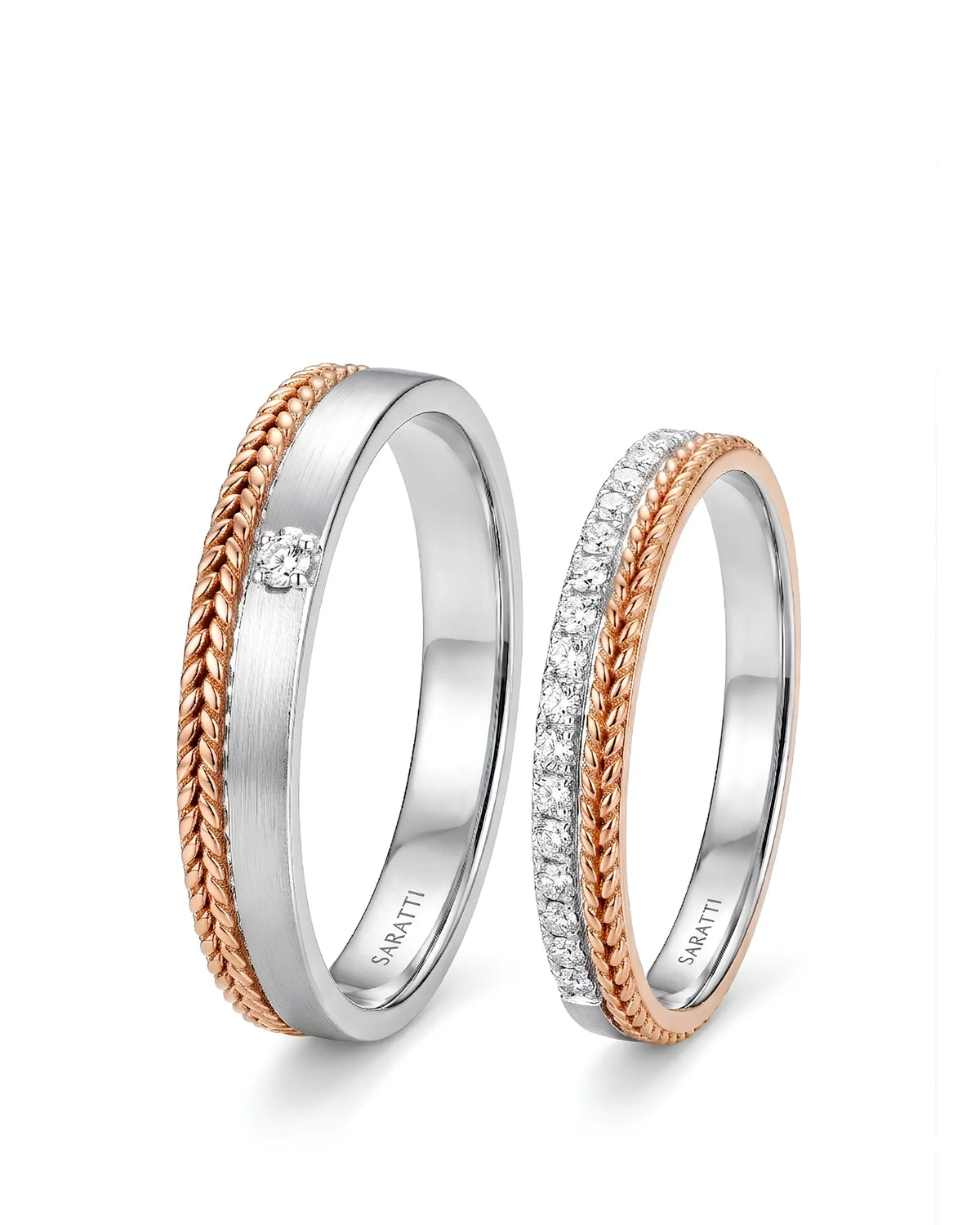 Timeless Bliss wedding band set with elegant matching design in 18K two tone gold | SARATTI