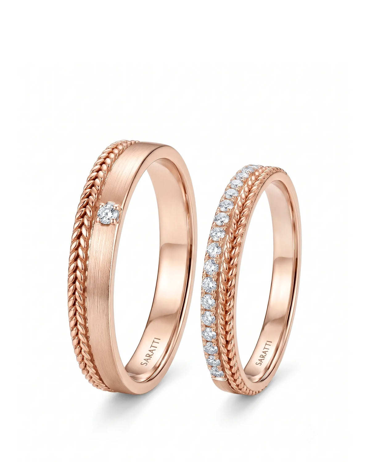 Timeless Bliss wedding band set with elegant matching design in polished 18K rose gold | SARATTI