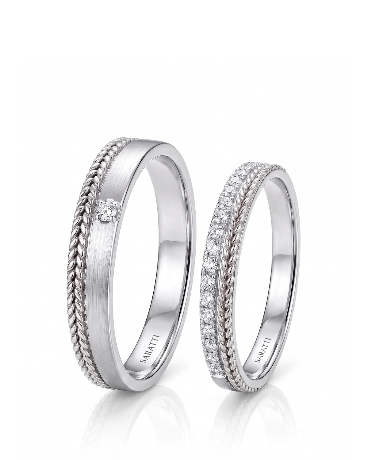 Timeless Bliss wedding band set with elegant matching design in refined polished platinum | SARATTI